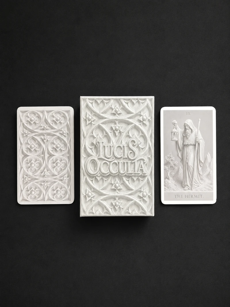 Ornate card back, Lucis Occulta box and The Hermit card arranged side by side on dark fabric